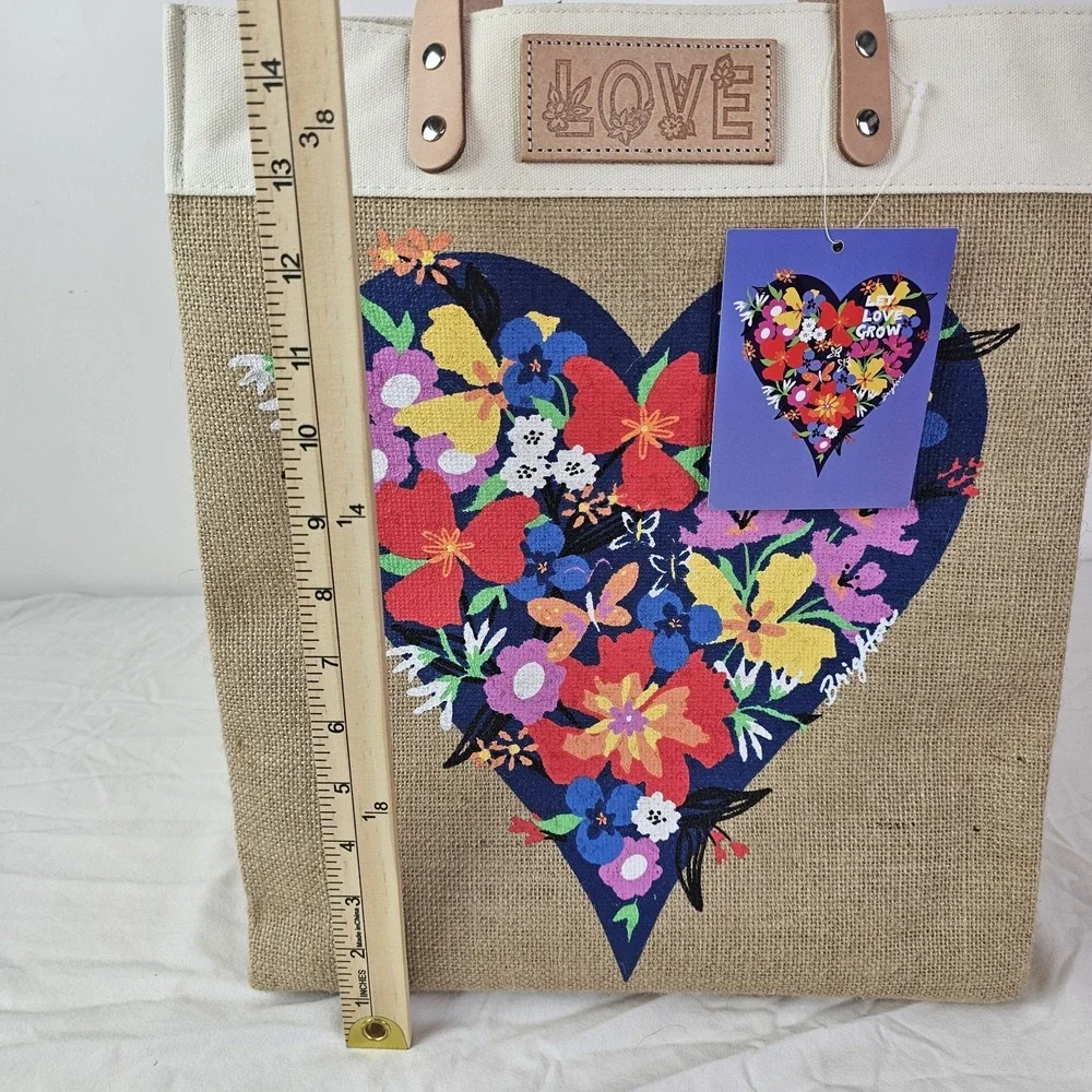 Brighton NWT  Let Love Grow Burlap Tote Bag Floral Heart Farmers Market Shopping